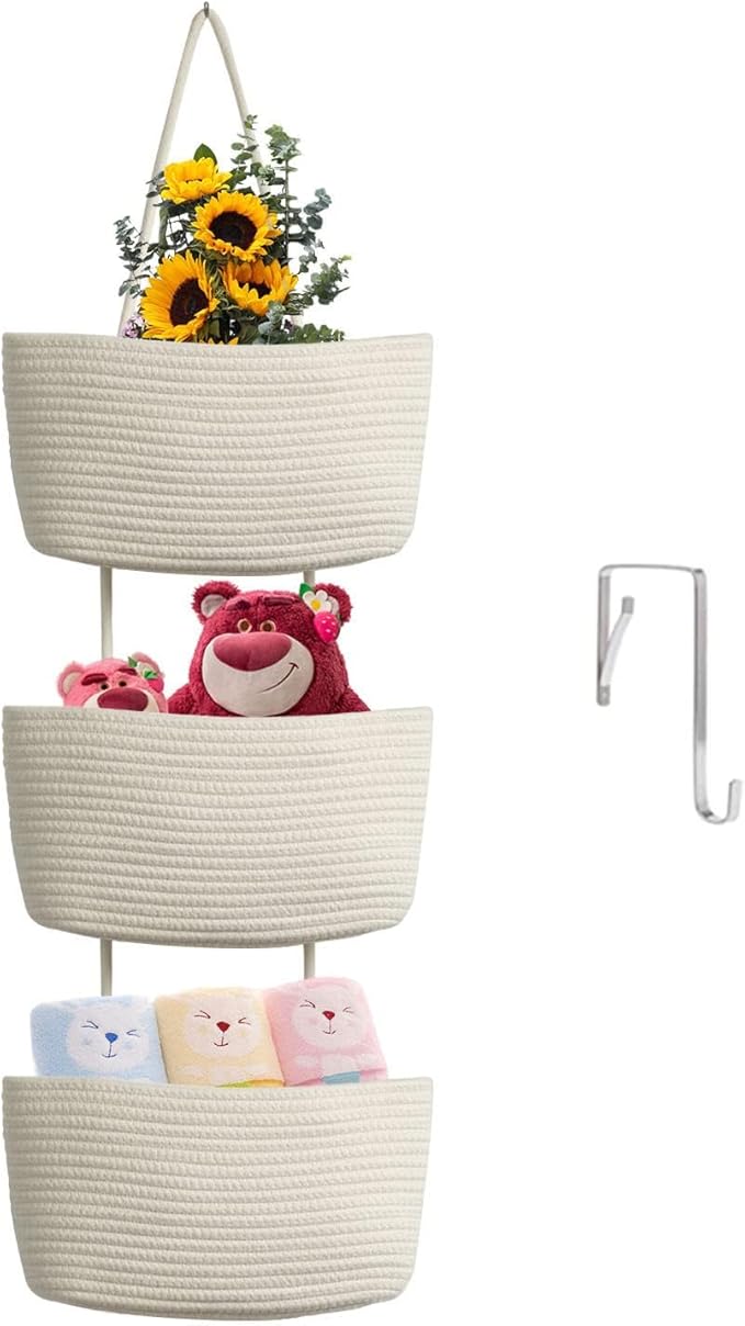 TeoKJ Over the Door Hanging Baskets, 3-Tier Woven Cotton Storage Organizer Bag with Hooks Wall-Mounted Decorative Nursery Kitchen Baskets - White