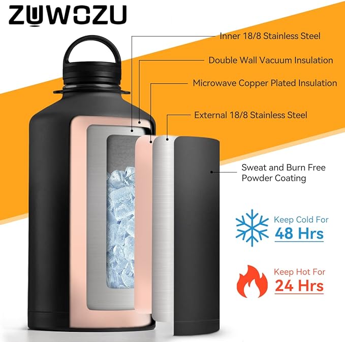 1 Gallon Water Bottle Insulated, 128oz Large Stainless Steel Water Bottles with Straw, Spout & Handle Lid, Big 1 Gallon Water Jug with Carrier Bag w/Strap, Perfect for Hot&Cold Drinks,Black