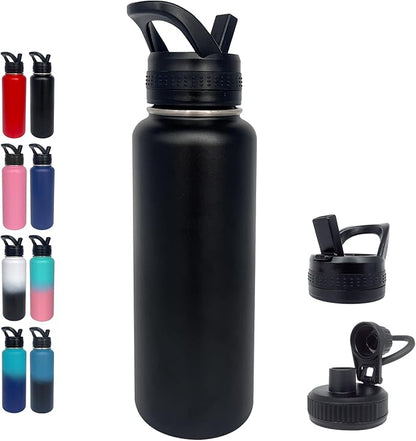 1pack 40 oz Insulated Water Bottle With Straw, Stainless Steel Sports Water Cup Flask with 2 Lids, Wide Mouth Travel Thermal Mug,Black