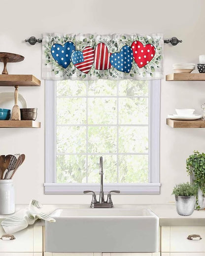 Vandarllin Eucalyptus 4th of July Kitchen Curtains Valances for Windows Patriotic American Flag Stars Rod Pocket Window Treatment for Kitchen/Living Room/Bedroom/Bathroom, 54" X 18", Grey Gingham