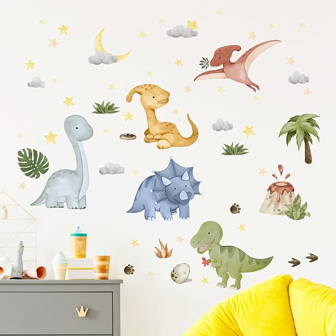 Yovkky Watercolor Baby Dinosaur Wall Decals Stickers, Dino Volcano Tropical Leaf Palm Tree Baby Boy Girl Room Nursery Decor, Cloud Moon Star Neutral Home Decorations Kid Bedroom Playroom Art