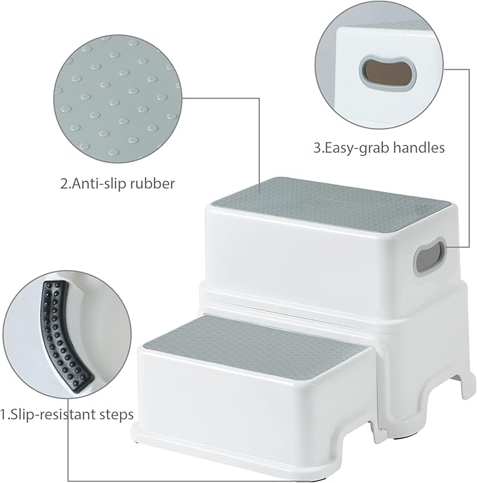 Victostar 2 Step Stool for Kids, Anti-Slip Sturdy Toddler Two Step Stool for Toilet Potty Training, Bathroom,Kitchen(Grey-White)