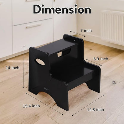 Wooden Toddler Step Stool for Kids, Toddler Kitchen Stool Helper, Toddler Step Stool with Handle Bamboo Step Stool for Bathroom, Kitchen Dual Height Step Stools for Kids(Black)