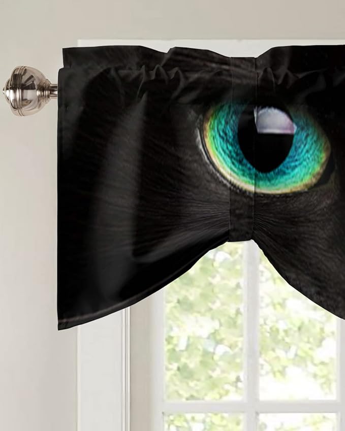 Tie Up Valance for Kitchen Living Room Farmhouse - Black Cat with Teal Eyes Rod Pocket Adjustable Tie-up Shade Valance for Small Window, Window Valance Balloon Drape for Bathroom 54x18 inches