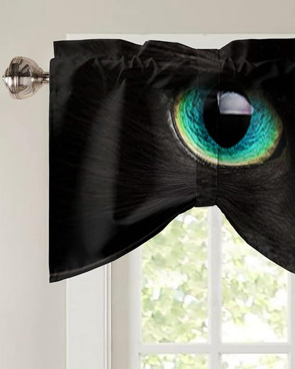 Tie Up Valance for Kitchen Living Room Farmhouse - Black Cat with Teal Eyes Rod Pocket Adjustable Tie-up Shade Valance for Small Window, Window Valance Balloon Drape for Bathroom 42x12 inches