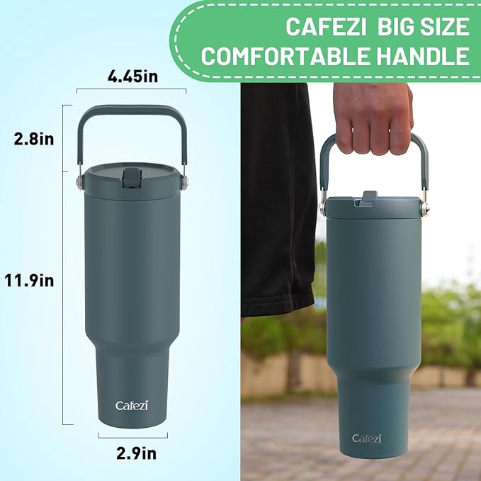 50 oz Insulated Water Bottle, Stainless Steel Water Bottles with Flip Straw and Top Handle, Leak Proof Tumbler with Lid and Straw, Fits in Cup Holder, Vacuum Insulated Cup for Home, Outdoors