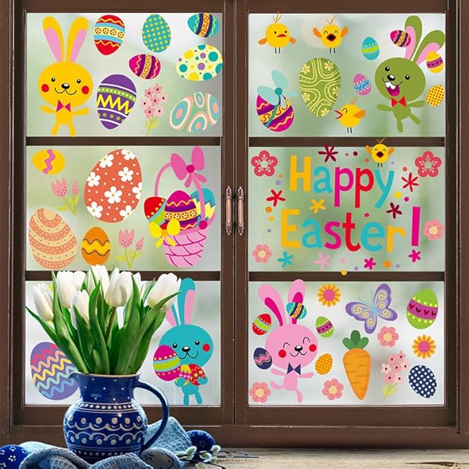 54 Pcs Easter Window Clings Easter Eggs Bunny Window Decorations Stickers for Glass Windows for Easter Window Decorations, 9 Sheets Bunny Decor for Kids Shcool Home (Happy)