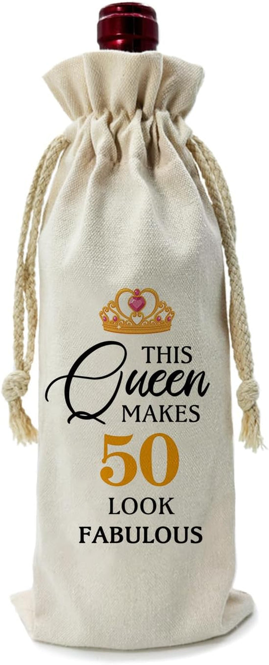 ZHANTUONE，50th Birthday Gift Funny Birthday Wine Bag,Drawstring Polyester Cotton Cloth Wine Bag,Gifts for 50th Women Birthday Wine Bag,Wine Bag Gifts for Mom Grandparents,13IN