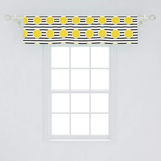 Ambesonne Lemons Window Valance, Citrus Fruits in Slices Pattern on Symmetrical Striped Background, Curtain Valance for Kitchen Bedroom Decor with Rod Pocket, 54" X 12", Yellow Charcoal