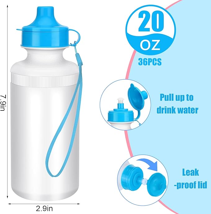 Zubebe 36 Pcs Sports Water Bottles Bulk 20 oz Squeeze Reusable Plastic Water Bottle with Nylon Strap Blank DIY Water Bottles for Kids Adults School Thanks Gift Outdoor Sport Fitness