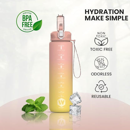 1L Water Bottle with Straw - Leak-Proof & BPA Free Reusable Sports Bottle - Motivational Time Markings for Hydration Durable Drink Bottle for Gym, Sports, Outdoor (Pink and Yellow)