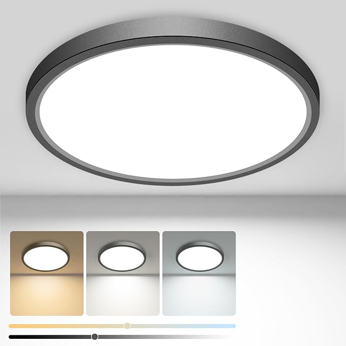 1PACK Flush Mount LED Ceiling Light Fixture Black, 6.5Inch 12Watt, Dimmable & 3000K-4000K-6500K 3 Color Selectable Ceiling Lamp 1200LM Low Profile Ceiling Light for Kitchen Bedroom Hallway Porch