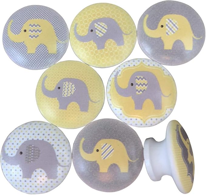 Twisted R Design Cabinet Knobs, Knobs for Kitchen Cabinets and Drawers, Matching Cabinet Knobs and Pulls, 1.5" Round Dresser Knobs (Set of 8 Nursery - Yellow Elephant)