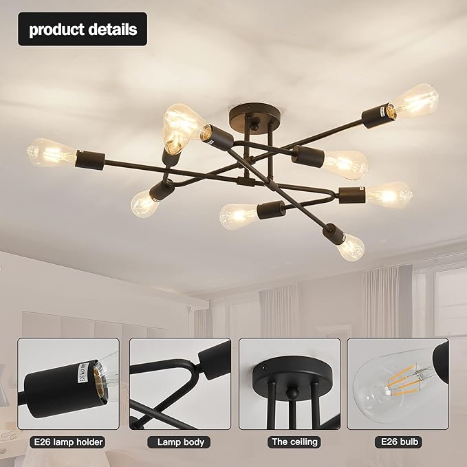 ZGLAOJT Black Semi Flush Mount Ceiling Light Fixture，9 Light Modern Metal Chandelier，Ceiling Light for Kitchen Farmhouse Island Dining Room Bedroom