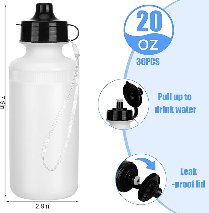 Zubebe 36 Pcs Sports Water Bottles Bulk 20 oz Squeeze Reusable Plastic Water Bottle with Nylon Strap Blank DIY Water Bottles for Kids Adults School Thanks Gift Outdoor Sport Fitness