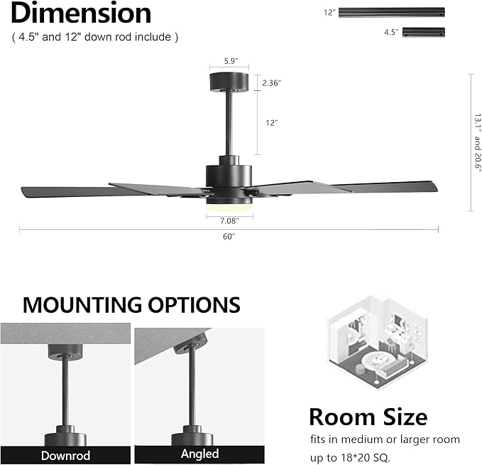 60" Ceiling Fan with Lights and Remote Control, Wood 8 Blades 6-Speed Dimmable Light Noiseless Reversible DC Motor, Modern Large Ceiling fan for Kitchen Bedroom Dining Living Room, Black