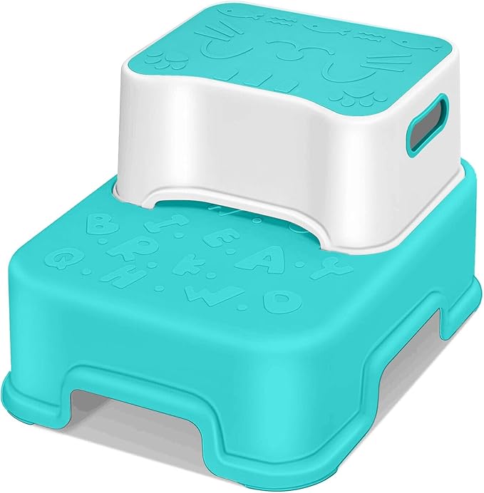 2 Step Stool for Kids and Toddler,Anti-Slip Sturdy Bathroom Toilet Step Stools,Double up Step Stool with Soft Grips,for Potty Training,Sink,Kitchen(Blue)