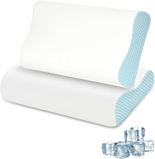 2 Pack Memory Foam Cooling Bed Pillows for Sleeping, Ergonomic Cervical Pillow for Neck and Shoulder Pain Relief, Adjustable Cold Pillow Set of 2,with Pillowcase（Blue）