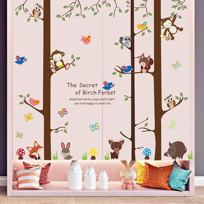 Cartoon Birch Trunks and Animals Wall Decals Forest Tree Wall Sticker DIY Peel and Stick Owls Monkey Birds Decal for Living Room Kitchen Playroom Nursery Kids Bedroom Classroom Home Decoration (C)