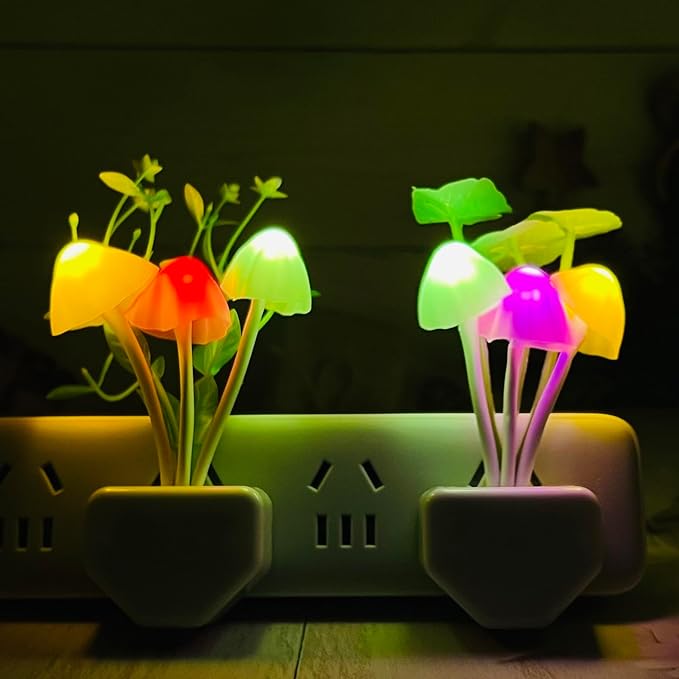 2 Pack Sensor LED Night Lights, Color Changing Plug-in Led Mushroom Dream Bed Lamp for Kids Children Adults, Dusk to Dawn Sensor Auto On/Off, Funny Wall Decor Gifts for Nursery Baby Bed Flower Lamp