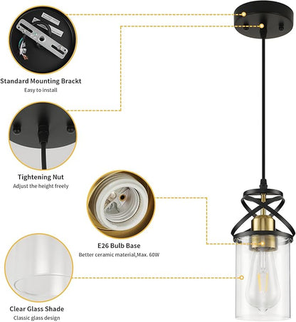 Modern Pendant Light Fixture Farmhouse Hanging Light with Clear Glass Shade, Industrial Black and Gold Pendant Lighting for Kitchen Island Dining Room Bedroom