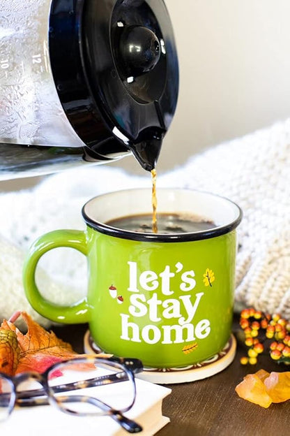 Pearhead Let's Stay Home Mug, Autumn Home Dećor Accessories, Fall Holiday Kitchen Decor, Coffee or Tea Cup, Green, 15oz