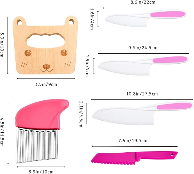 6 PCS Kids Kitchen Safe Wooden Knife Set for Real Cooking, Kids Montessori Kitchen Cooking Tools, Plastic Serrated Edges Toddler Knives, Crinkle Potato Cutter for Children Cooking (Pink)