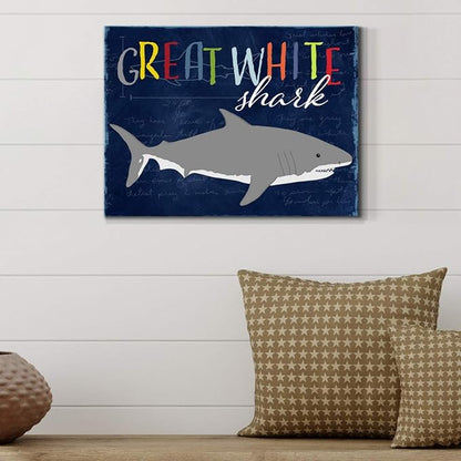 Renditions Gallery Canvas Animal Wall Art Home Paintings & Prints Smiling Playful White Shark Modern Abstract Vibrant Wall Hanging Decorations for Kids Bedroom Nursery - 18"x27" LT33