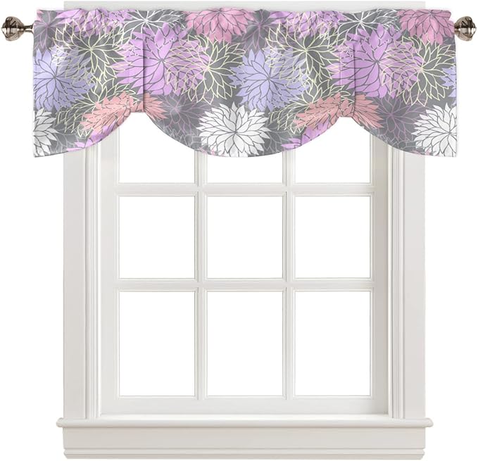 Tie Up Valance for Kitchen Living Room Farmhouse - Chrysanthemum Pink Purple Flower Rod Pocket Adjustable Tie-up Shade Valance for Small Window, Window Valance Balloon Drape for Bathroom 42x12 inches