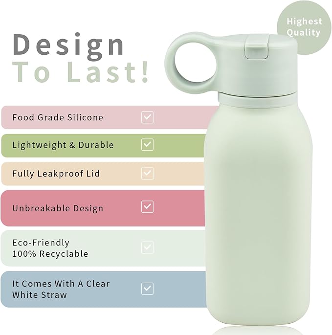 15oz/450ml Water Bottle, Silicone Travel Water Cup Leak-Proof/BPA Free Lightweight Sports Fitness Essential with Straw for Home Gym Work/Running/Camping/Hiking, Easy Carrying, Mint Green