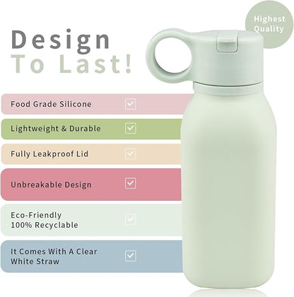 15oz/450ml Water Bottle, Silicone Travel Water Cup Leak-Proof/BPA Free Lightweight Sports Fitness Essential with Straw for Home Gym Work/Running/Camping/Hiking, Easy Carrying, Mint Green