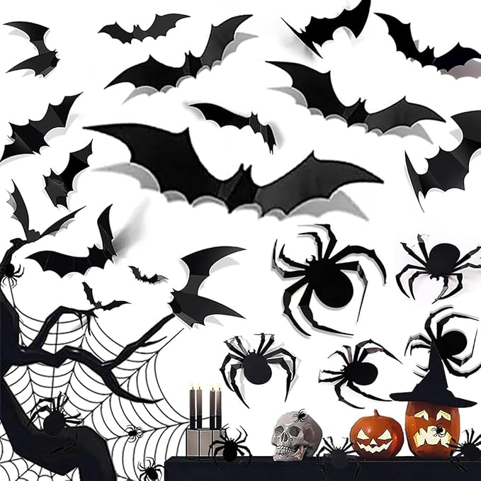 Bat Wall Stickers Decals Removable Halloween Wall Decor Black Gothic Bats Ghost Spider Web Wall Stickers for Wall Glass Mirror Living Room Home Bathroom Kitchen Halloween Party Favor Supplies