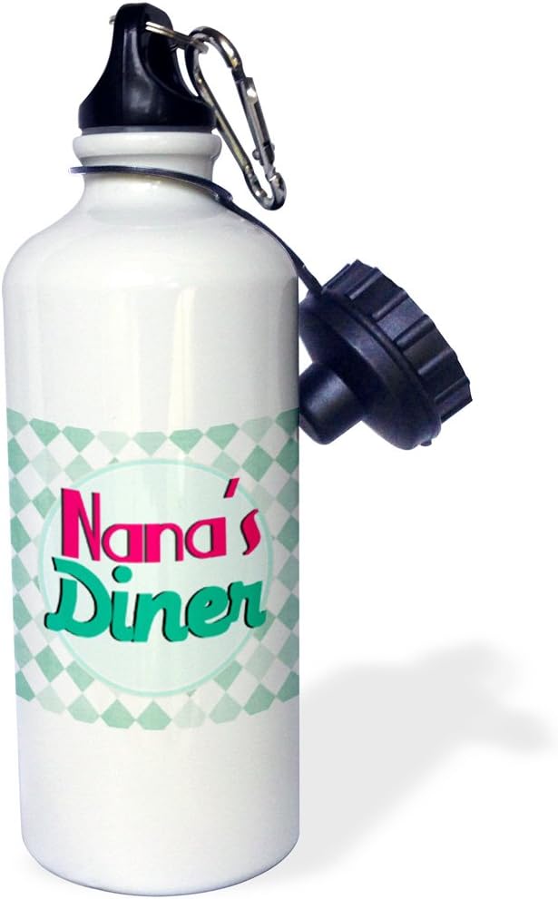 3dRose "Nanas Diner sign on aqua-Retro hot pink turquoise teal blue 1950s 50s fifties Grandmas kitchen" Sports Water Bottle, 21 oz, White