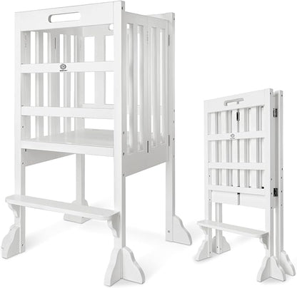 WOOD CITY Montessori Foldable Standing Tower- Kitchen Step Stool Helper for Toddlers with Safety Rail, Height Adjustable Ideal Helper for Learning New Skills(White