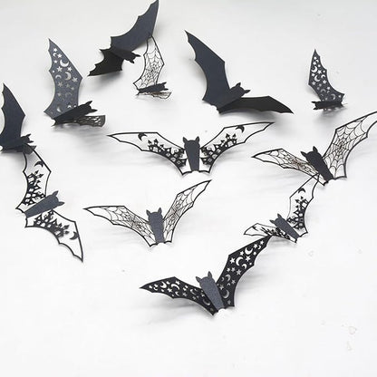 24Pcs Halloween Decorations Large Hollow Bats Wall Decor 3D Halloween Wall Decals PVC Scary Bat Stickers for Kitchen Bedroom Fireplace Bathroom Home Indoor Outdoor Halloween Party Decorations