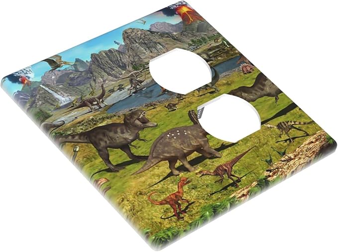 Cute Dinosaur Combo Single Blank 1 Duplex Outlet Switch Wall Plate Cover Decorative 2-Gang for Electrical Boys Kids Room Bathroom Bedroom Home Kitchen One Receptacle 4.5" x 4.6"