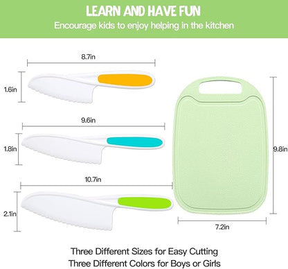 4 Pcs Kids Kitchen Knife Set,Kids Knives For Real Cooking With Nylon Kitchen Baking Knife with Cutting Board,Firm Grip,Safe Serrated Edges Kids Knives for Cutting