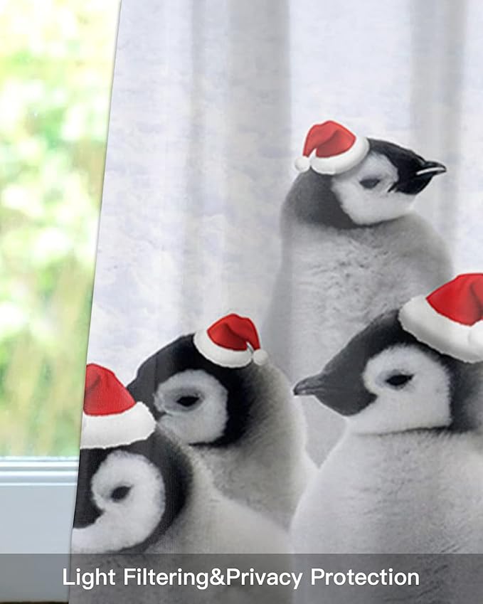 Vandarllin Funny Penguin with Christmas Hat Kitchen Curtains Valances for Windows Winter Holidays Rod Pocket Window Treatment for Kitchen/Living Room/Bedroom/Bathroom,42" X 12" -1 Panel,