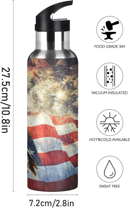 xigua 22 OZ Bald Eagle American Flag Water Bottle with Straw, Sports Water Bottle BPA Free Stainless Steel Water Jugs for Gym, Kitchen, Working, Outdoor