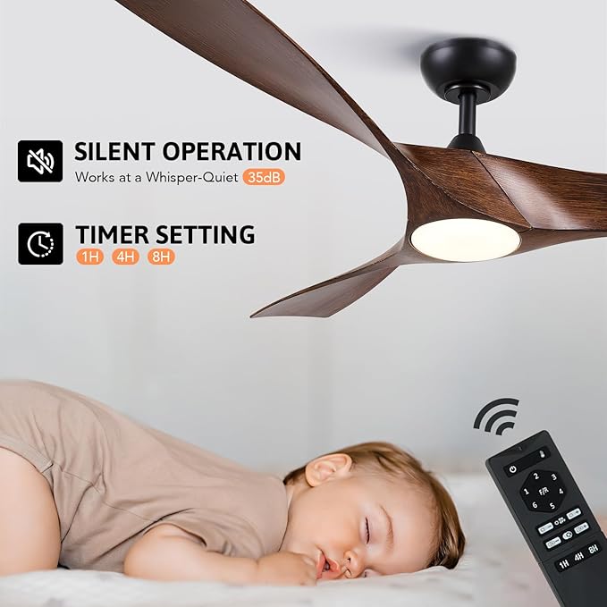 VONLUCE Ceiling Fan with Light and Remote Control, 52 Inch Modern Fan with 3 Blades Noiseless DC Motor for Bedroom, Living Room, Kitchen, Study, Walnut