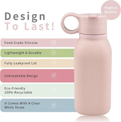 15oz/450ml Water Bottle, Silicone Travel Water Cup Leak-Proof/BPA Free Lightweight Sports Fitness Essential with Straw for Home Gym Work/Running/Camping/Hiking, Easy Carrying, Rose Pink