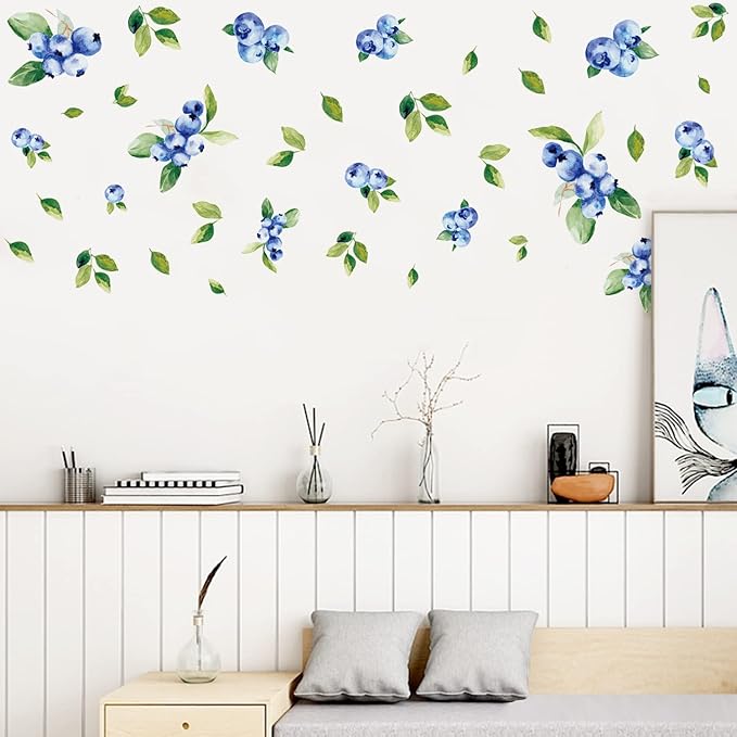 Bamsod Blueberry Wall Decals Removable Boho Wall Stickers Peel Stick Flower Fruit Wall Decals Fresh Fruit Wall Stickers for Baby Nursery Kids Bedroom Living Room Home Kitchen (Blueberry)