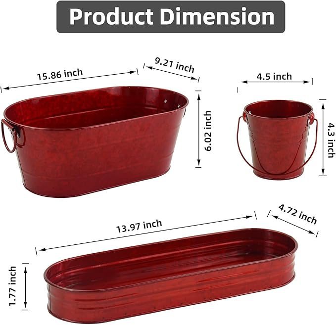 Oval Ice Bucket with 3 Serve Buckets Set - Condiments, Nuts, Ice Cream, Snacks, Candy Serving Bowls, Galvanized Metal Drink Cooler Beverage Tub, Chill Wine & Beer, 2.4 for Home Parties Gallons, Red