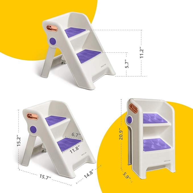 UNCLE WU Foldable 2-Step Stool for Kids -Potty Seat Training Aid with Safety Handles,Durable - Perfect for Potty Training, Bathroom Sink,Kitchen Stand Stool & Bedroom Step Stool (Purple)