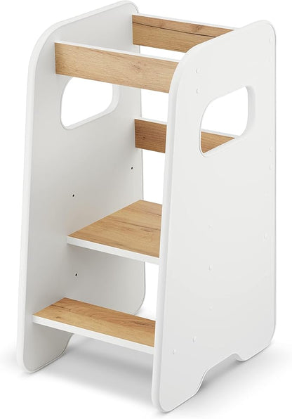 Toddler Tower - Kitchen Step Stool Helper with Rubberized Edges - Stylish Standing Tower for Learning Skills - Height Adjustable, Oak&White