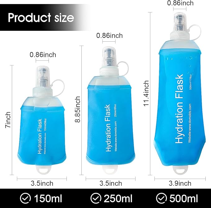 150ml Soft Flask, TPU Collapsible Soft Water Bottle for Hydration Pack, Running Vest, Folding Water Bottle for Hiking Cycling Climbing-2Pcs, Blue