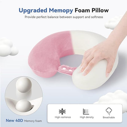 Cooling Travel Pillow, Neck Pillow Airplane Memory Foam Double-Side with Sleep Mask Earplugs, Soft & Support Airplane Pillow for Travelling Plane Car Train Home Use, Pink