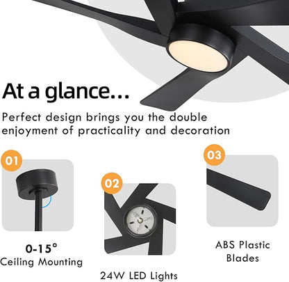 WINGBO 64" ABS DC Ceiling Fan with Lights, 5 Blade ABS Plastic Ceiling Fan with Remote, 6-Speed Reversible DC Motor, LED Ceiling Fan for Kitchen Bedroom Living Room, Matte Black