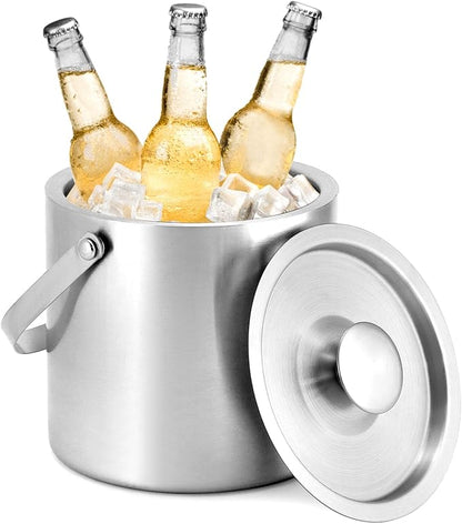 QWORK 3L Stainless Steel Ice Bucket with Lid, Double Wall Insulation, for Wine, Cocktail Bar, Parties, Home Bar Accessories, Champagne Bucket, Elegant Bartending Ice Buckets