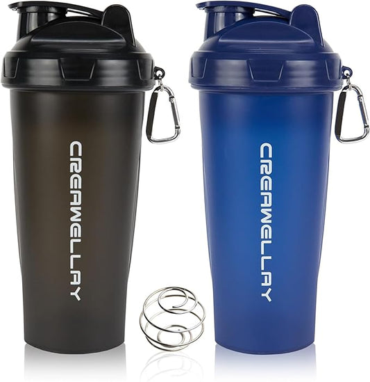 2 Pack Protein Shaker Bottle, 24 oz Protein Shaker Cup with Wire Shaker Ball for Pre Workout, Shake Bottle with Carrying Handle, BPA-Free & Dishwasher Safe (Black, Blue)